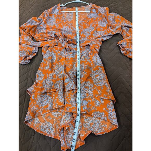 Flirty long sleeve brown romper w/blue botanical print size 2X no tag - Picture 7 of 8